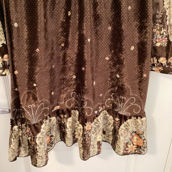 213 Women's Brown Dress Crush Velvet Vintage Retro Style Ruffles Long Sleeves - Picture 3 of 12